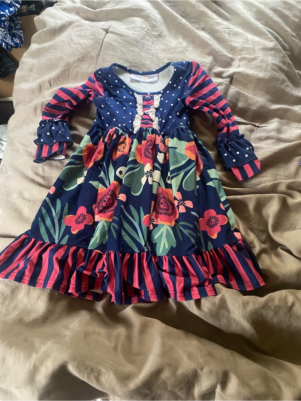 Navy Floral & Pink-Striped Ruffle Hem Girls' Dress